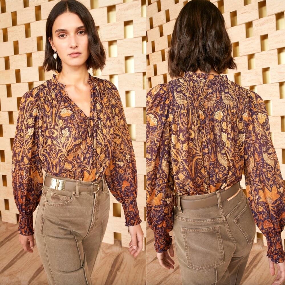 Ulla Johnson Top Blouse Long Sleeve Puff Chiffon Ruffle Navy Blue Orange Gold‎ 2